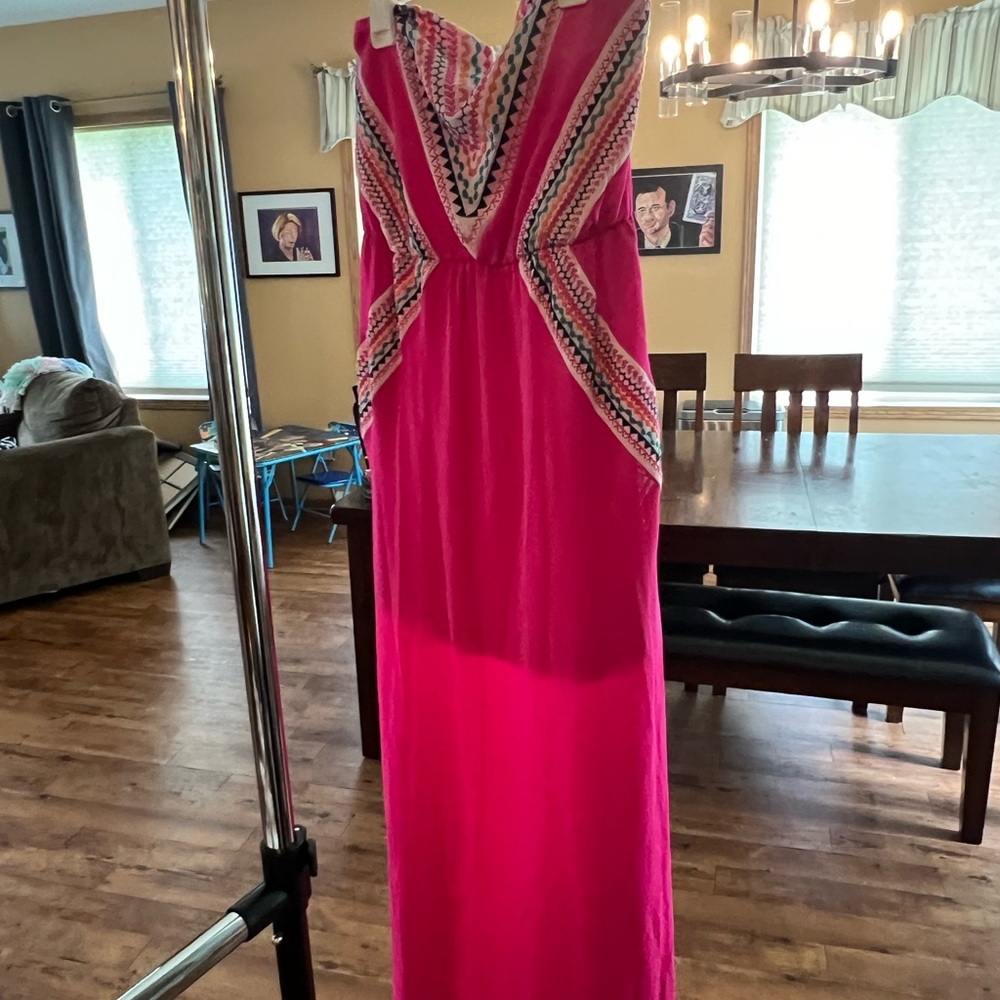 Hot pink strapless maxi length dress